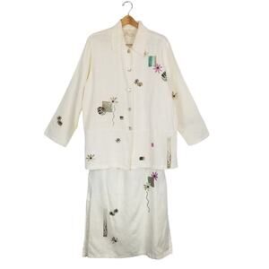 Play Alegre Hand Painted Linen Art To Wear Skirt Jacket Set Cream Size M/L